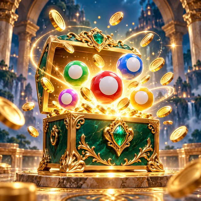 Emerald treasure chest with glowing lottery balls and gold coins