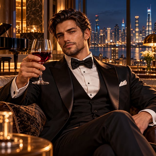 Tuxedoed high-roller gentleman in a city penthouse