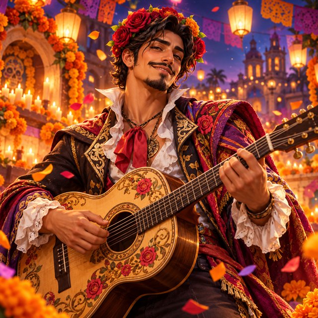 Festive carnival performer with a guitar and rose crown