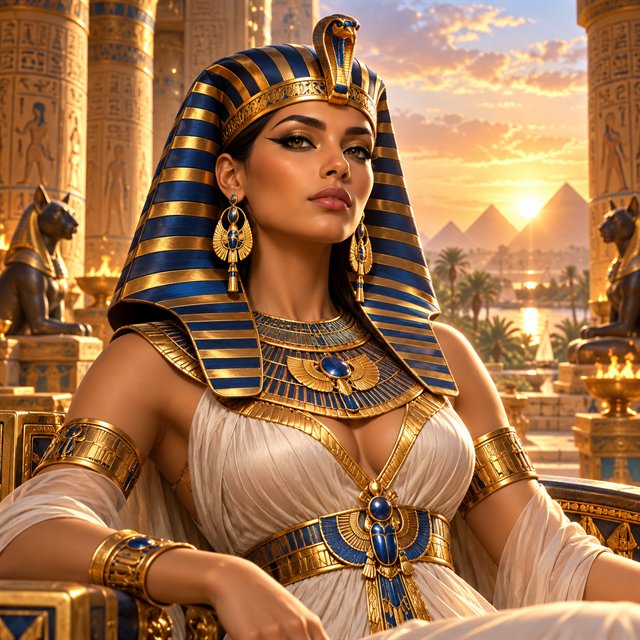 Egyptian queen wearing a blue and gold pharaonic crown