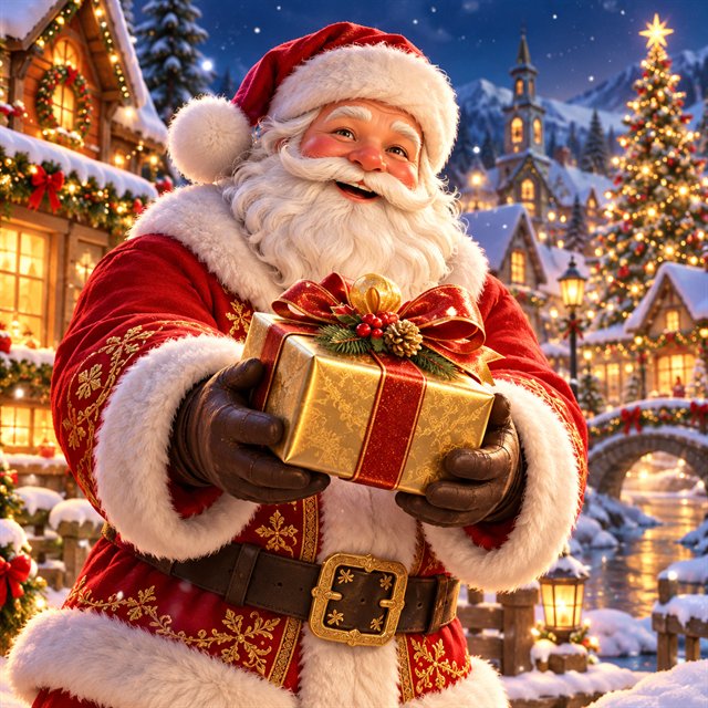 Santa Claus holding a gold-wrapped present in a snowy village