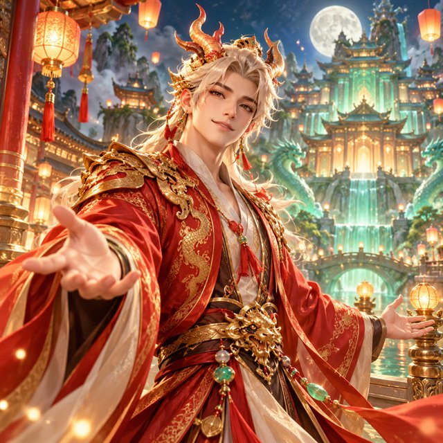 Joyful dragon prince in red and gold robes