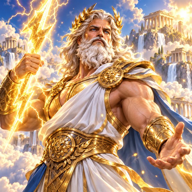 Greek sky god Zeus with a glowing lightning bolt